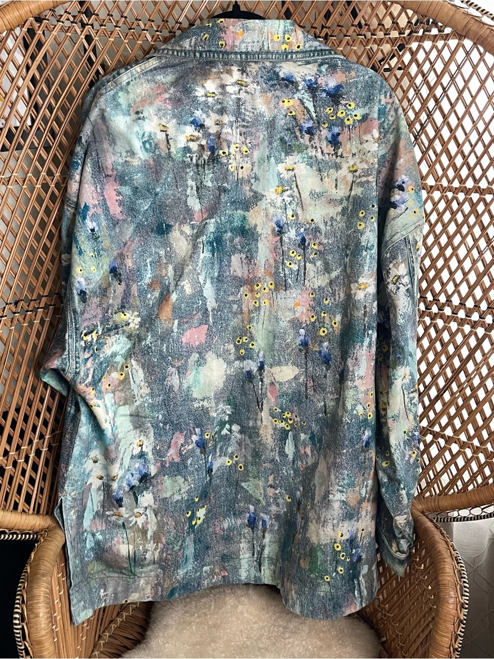 Free People Painted Denim Jacket in Teal & Pastel Floral - Picture 4 of 4